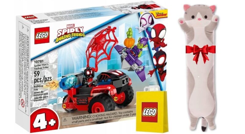 10781 LEGO Super Heroes Techninis triratukas Spider-Man ir pliušinė pagalvė Katė, 50 cm