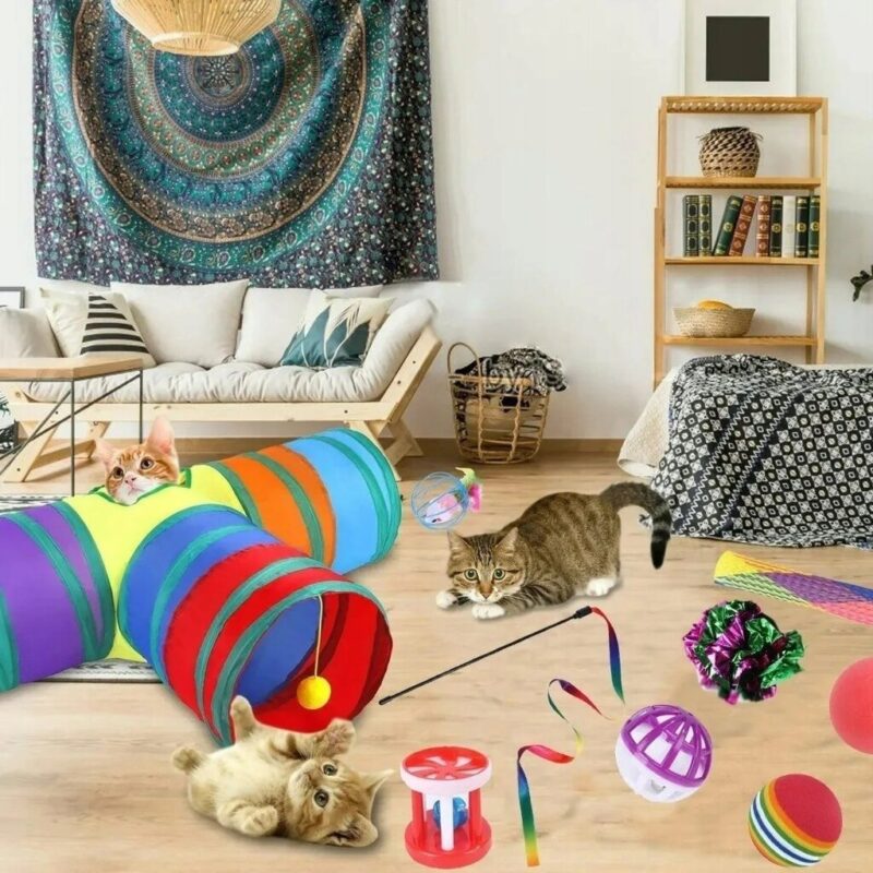 Didelis katinų žaislų rinkinys, 22 elementų tunelis, 80cm - Image 2