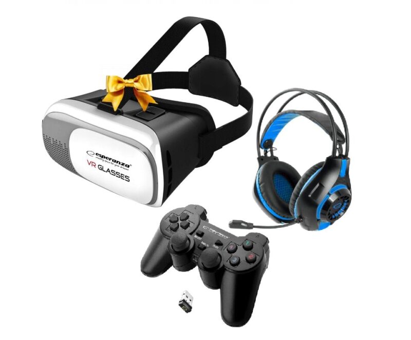 VR akiniai Esperanza GOGGLE VR 3D 360 ir Esperanza Gladiator Belaidis žaidimų pultas su USB ir ESPERANZA ausinės su mikrofonu GAMING DEATHSTRIKE BLUE