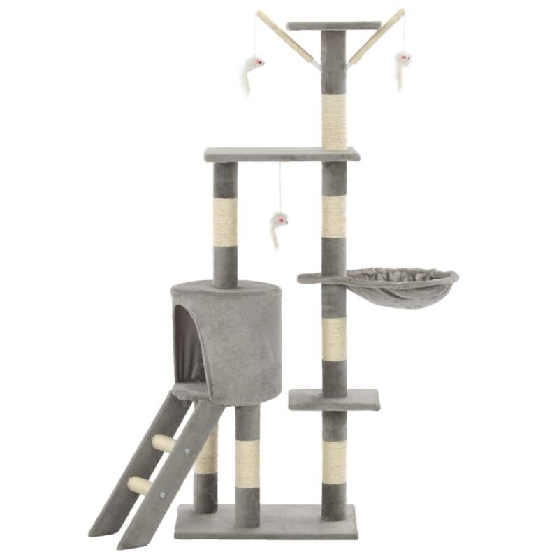 Draskyklė katėms 138 cm su nameliu ir žaislais – Pilka