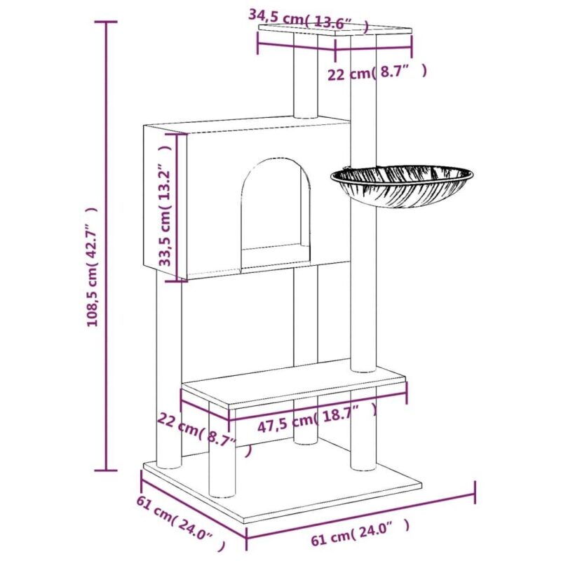 Draskyklė katėms su stovais vidaXL, tamsiai pilka, 108,5cm - Image 3