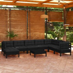 Sodo baldų komplektas vidaXL 9 dalių juodas su pagalvėmis