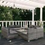 Pilkas 9 dalių sodo komplektas su pagalvėlėmis poliratanas