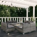 9 dalių pilkas poliratano sodo komplektas su pagalvėlėmis