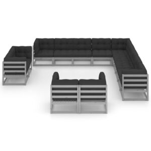 Pilkas 13 dalių medžio masyvo sodo komplektas su pagalvėmis