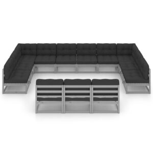 Pilkas 13 dalių sodo komplektas su pagalvėmis iš pušies medienos