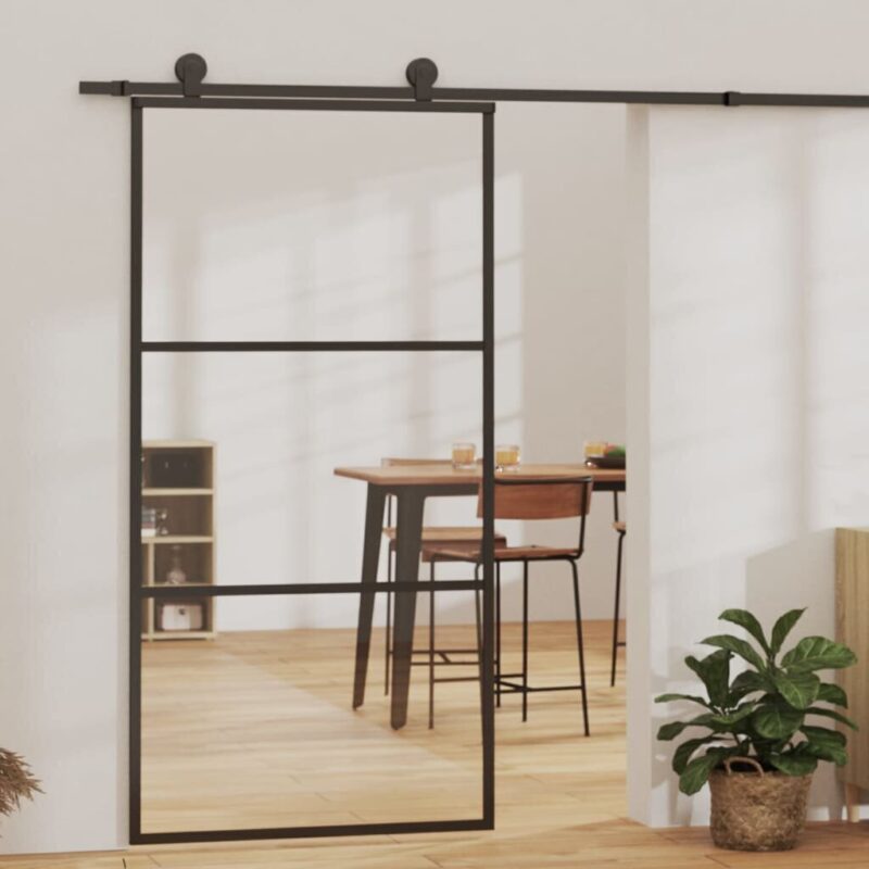 Stumdomos durys, juodos, 102x205cm, ESG stiklas ir aliuminis, Juoda