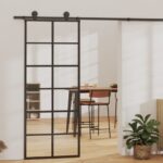 Stumdomos durys, juodos, 76x205cm, ESG stiklas ir aliuminis, Juoda