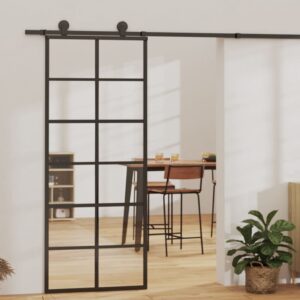 Stumdomos durys, juodos, 76x205cm, ESG stiklas ir aliuminis, Juoda