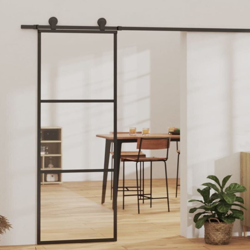 Stumdomos durys, juodos, 76x205cm, ESG stiklas ir aliuminis, Juoda