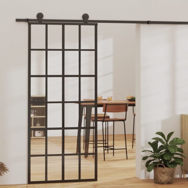 Stumdomos durys, juodos, 90x205cm, ESG stiklas ir aliuminis, Juoda