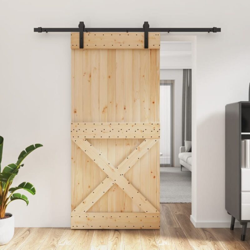 Pušies medžio stumdomos durys 95x210 cm su įranga