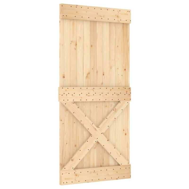 Pušies medžio stumdomos durys 95x210 cm su įranga