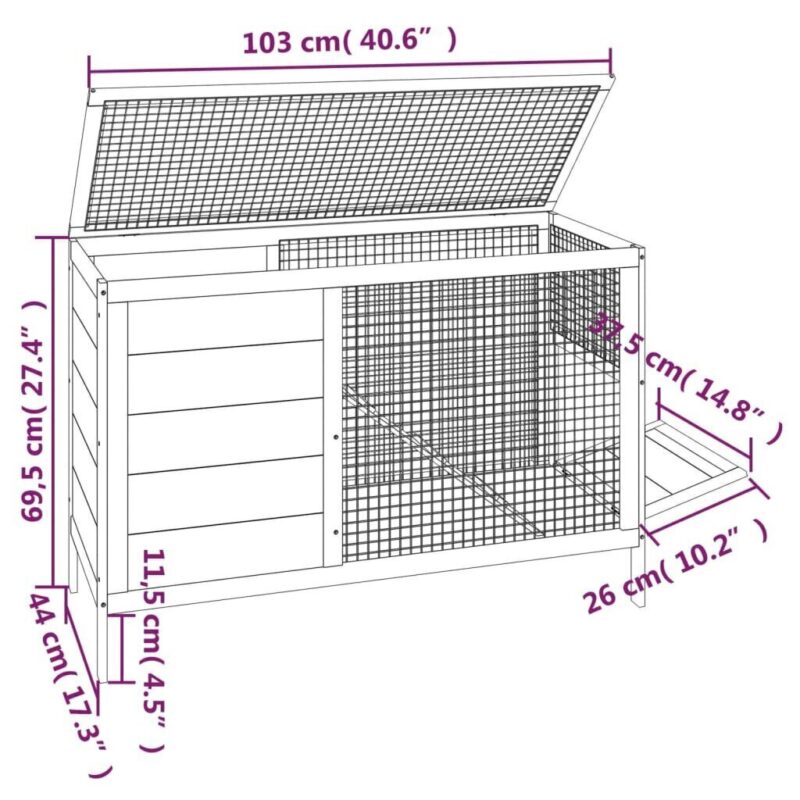 Rudas triušių narvas 103x44x69,5 cm iš pušies medienos