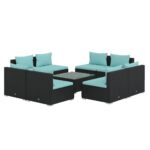 vidaXL 9 dalių juodas poliratanas sodo komplektas su pagalvėlėmis