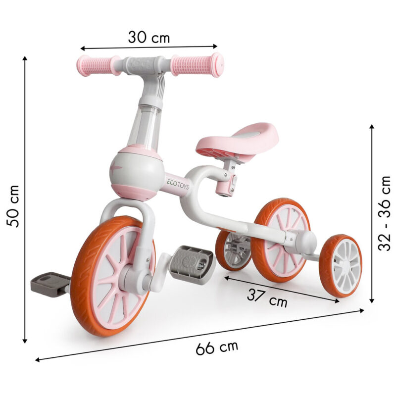 Balansinis dviratis su pedalais ir šoniniais ratais Ecotoys 4in1, baltas/rožinis - Image 5