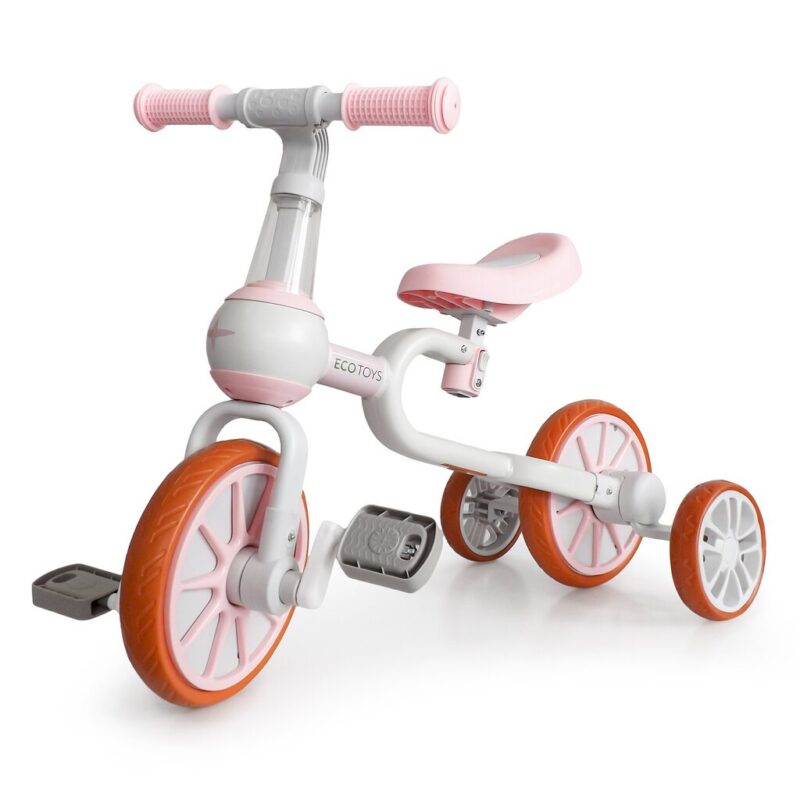 Balansinis dviratis su pedalais ir šoniniais ratais Ecotoys 4in1, baltas/rožinis