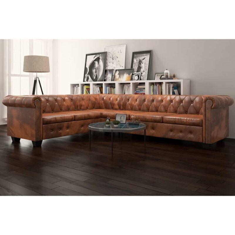 Kampinė šešiavietė sofa, rudos spalvos, Ruda