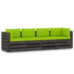 Keturvietė sodo sofa su pagalvėmis, pilkai impregnuota mediena, šviesiai žalia