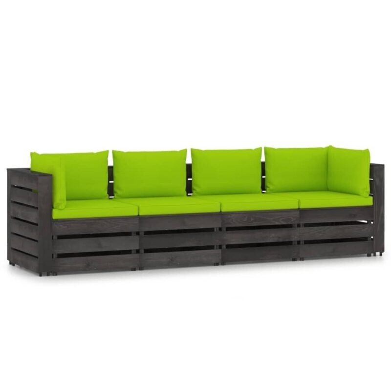 Keturvietė sodo sofa su pagalvėmis, pilkai impregnuota mediena, šviesiai žalia