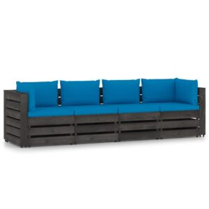 Keturvietė sodo sofa su pagalvėmis, pilkai impregnuota mediena, šviesiai mėlyna