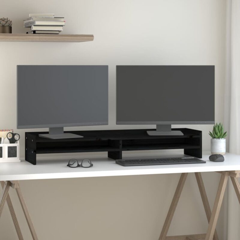 Monitoriaus laikiklis Monitoriaus stovas, Pušies medienos masyvas, 100x24x16cm, juoda - Image 2
