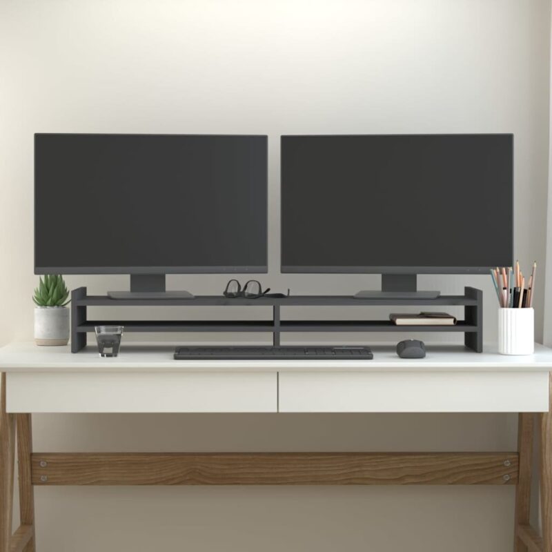 Monitoriaus laikiklis Monitoriaus stovas, Pušies medienos masyvas, 100x27x15cm, pilka - Image 2