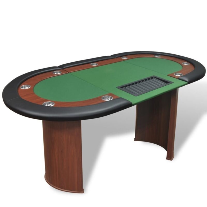 Pokerio stalas su vieta dalintojui ir padėklu žetonams, 10 žaidėjų, žalias