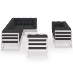 9 dalių baltas medžio masyvo sodo baldų komplektas su pagalvėlėmis