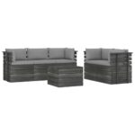 Pilkas 6 dalių sodo komplektas iš medžio masyvo su pagalvėmis