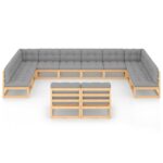 12 dalių medinis sodo komplektas su pagalvėlėmis rudas