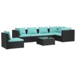 7 dalių juodas poliratano sodo komplektas su pagalvėlėmis