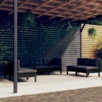 7 dalių pušies medienos sodo komplektas su pagalvėlėmis juodas