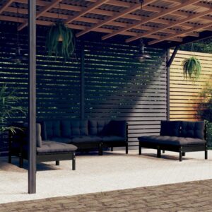 7 dalių pušies medienos sodo komplektas su pagalvėlėmis juodas