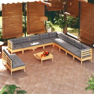 Sodo komplektas 12 dalių pušis su pilkomis pagalvėmis