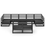 Juodas 10 dalių sodo poilsio baldų komplektas iš medžio masyvo