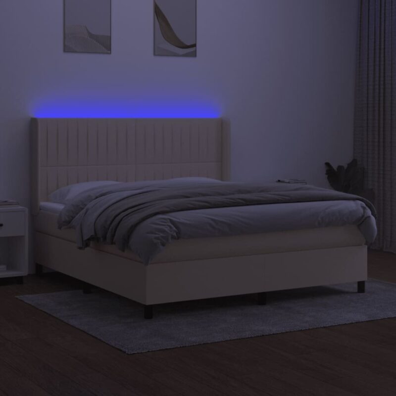 vidaXL Lova su spyruoklėmis/čiužiniu/LED, kreminė, 160x200 cm, audinys - Image 2