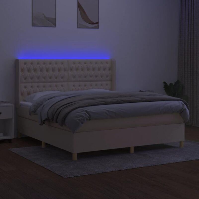 vidaXL Lova su spyruoklėmis/čiužiniu/LED, kreminė, 160x200 cm, audinys - Image 2