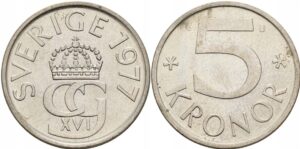 Švedijos 5 kronų moneta 1977 m., Karolis XVI Gustavas