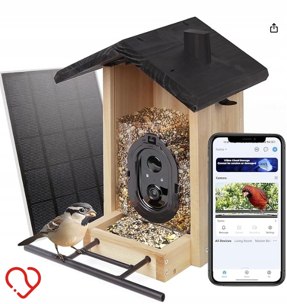 InteligentnyKarmnikdlaPtakowzKameraAimarkiOrigempanelsolarny belsilt Origem išmani paukščių lesyklėlė su kamera Full HD 1080p Wi Fi su saulės panele su AI paukščių atpažinimu su naktiniu matymu