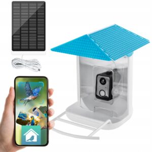 InteligentnyKarmnikzPanelemSolarnymiKameradlaptakowWiFiAplikacja belsilt Išmani paukščių lesyklėlė su kamera Full HD 1080p Wi Fi su saulės panele su AI paukščių atpažinimu IP65