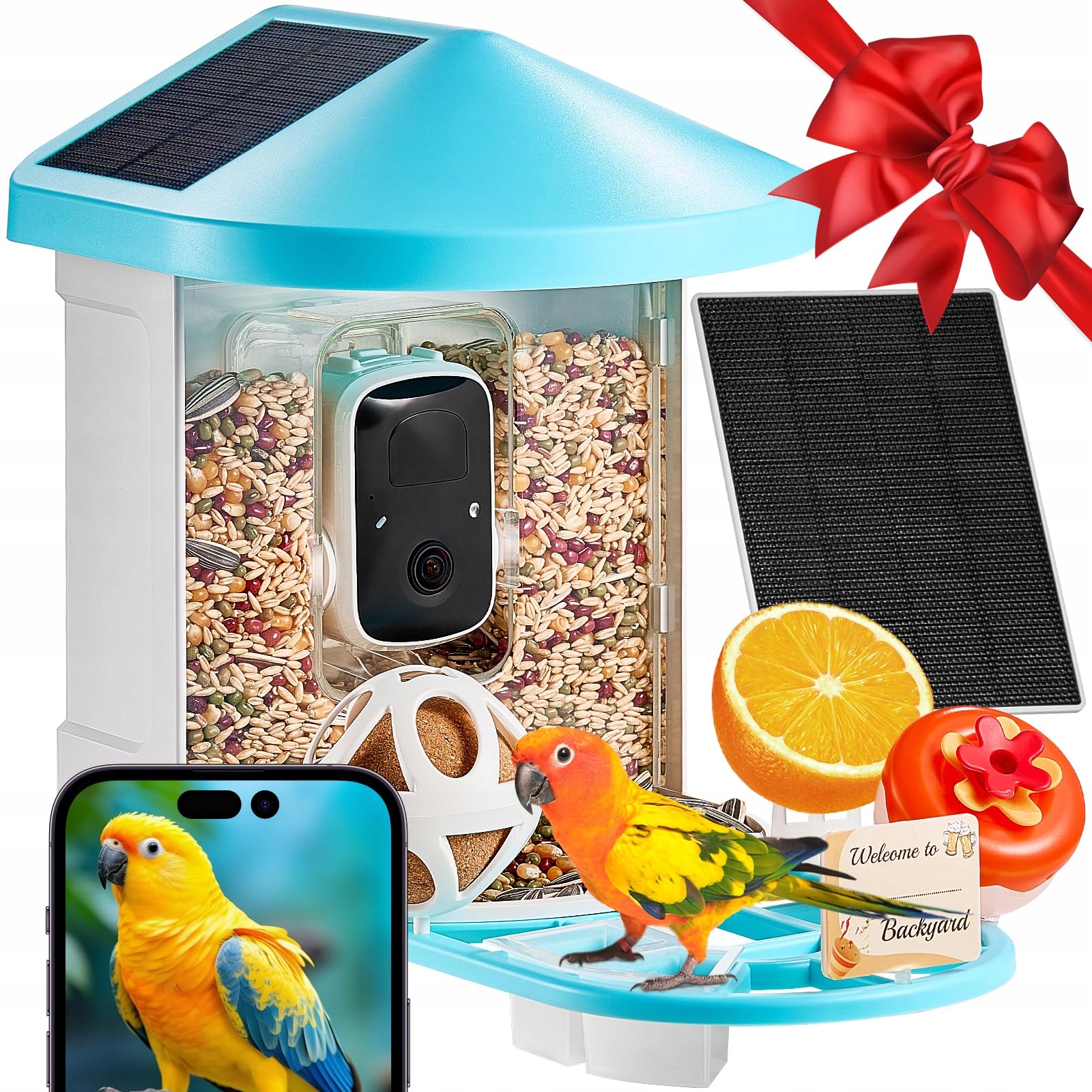 InteligentnykarmnikdlaptakowzkameraAIIdentifyBirdSpecieSolarEANGTIN699955346501 belsilt Išmani paukščių lesyklėlė su kamera 2K Wi Fi su saulės panele su AI paukščių atpažinimu su naktiniu matymu