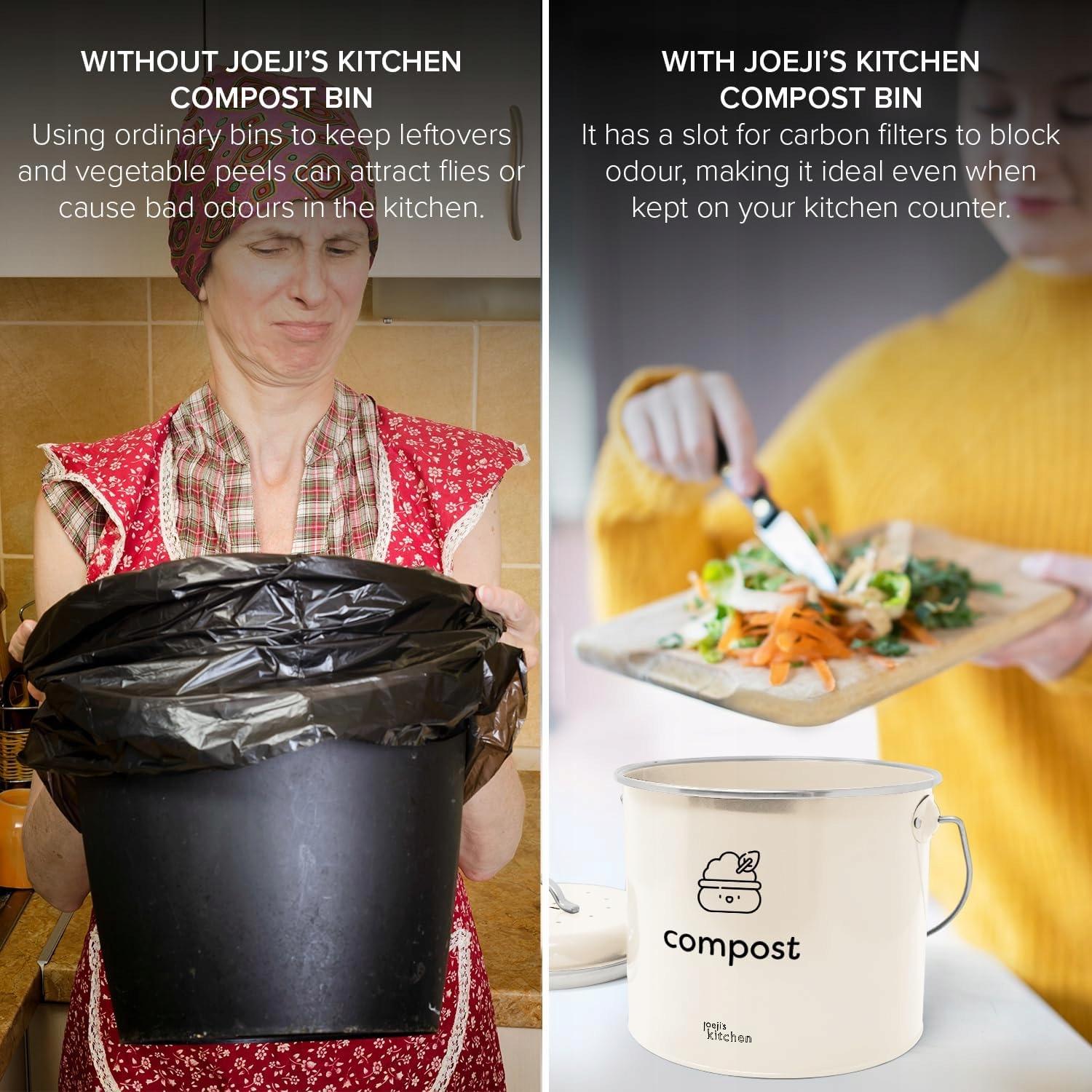 JoejisKitchenpojemniknabioodpady35LstalgalwanizowanazfiltremPojemnosc35l belsilt Virtuvės komposteris bioatliekoms Joejis Kitchen 35 l su anglies filtru plieninis namams