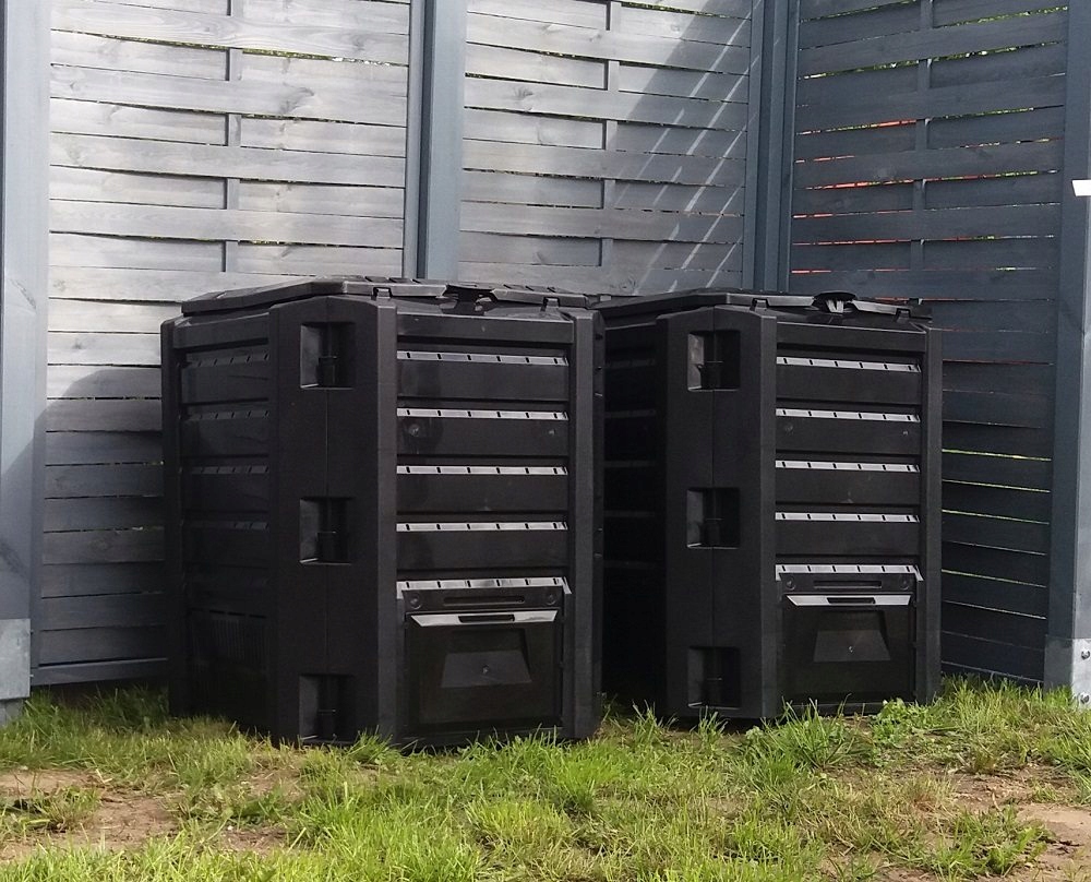 Komposto dėžė sodui, 800 l, modulinė, dviejų kamerų, su dangčiu, juoda