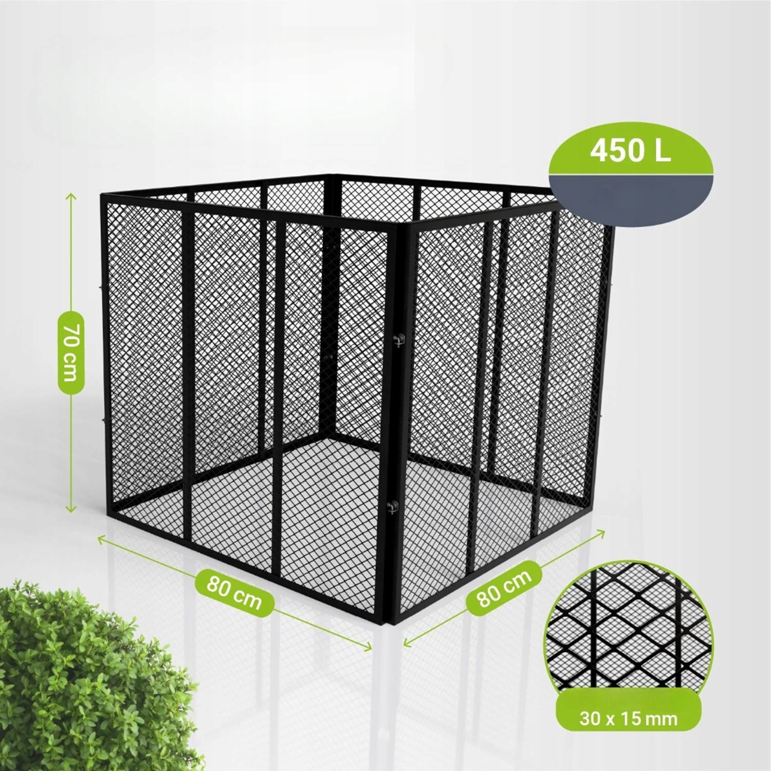 Komposto dėžė sodui, 450 l, metalinė, naudojama visus metus, su ventiliacija, juoda