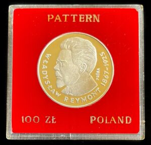 Lenkijos 100 zlotų Władysław Reymont bandomoji moneta 1977 m., Ag 625