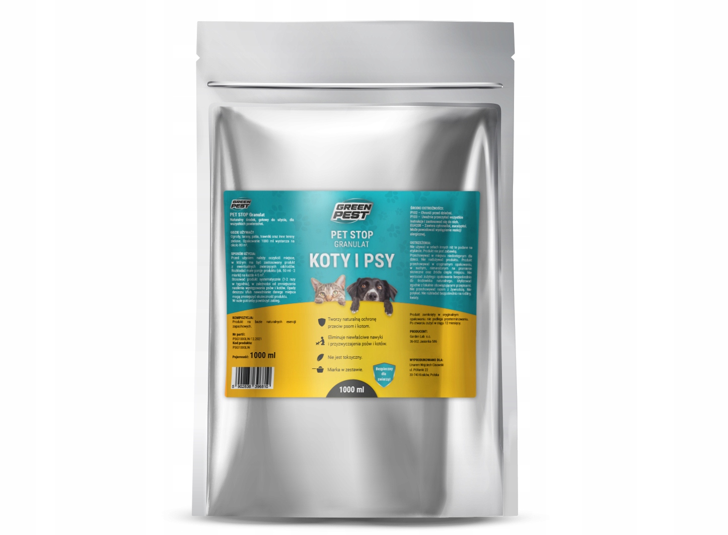 NATURALNYGRANULATPREPARATPRZECIWOBSIKIWANIUPSOWIKOTOWPETSTOP1LKodproducentaGRANULATPRZECIWOBSIKIWANIUPRZEZPSYIKOTY belsilt Pet Stop natūralios granulės kačių ir šunų atbaidyti 1 l