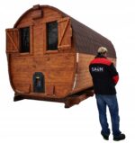 SAUNAdoogrodudomekprzebieralniastovemanSAuN belsilt Lauko sauna namelis su persirengimo zona Stoveman krosnelė su patogia komplektacija
