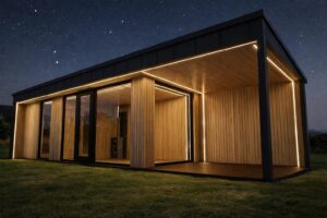 Moderni 35 x 10 m lauko sauna su pavėsine kubilui Wi Fi ir Harvia krosnelė