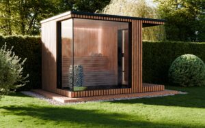 Harmony lauko sauna su persirengimo zona ir panoraminiu stiklu HUUM krosnelė